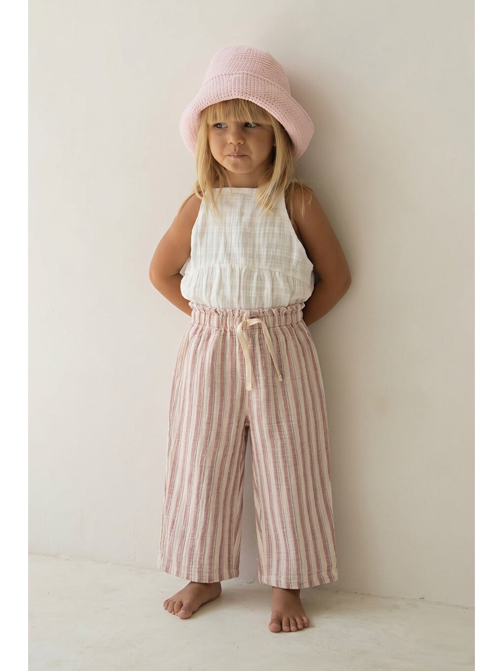 Pembe Organic Beli Fırfırlı Geniş Kesim Müslin Pantolon 1-10 Yaş Gül Kurusu Çizgili