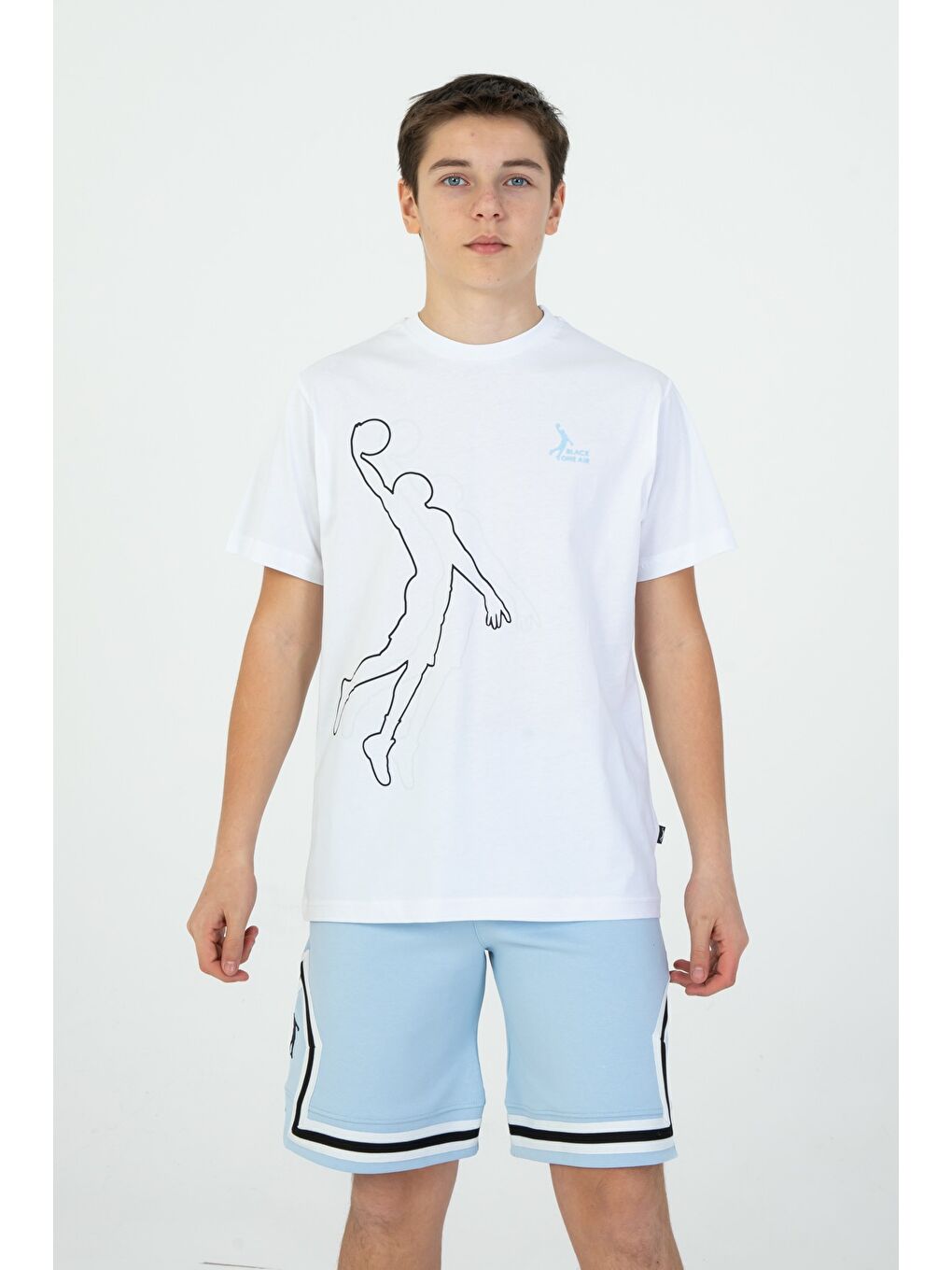 Mavi Basketbol Desenli Şort Çizgili Cep Detaylı 2'Li Alt Üst Takım-3