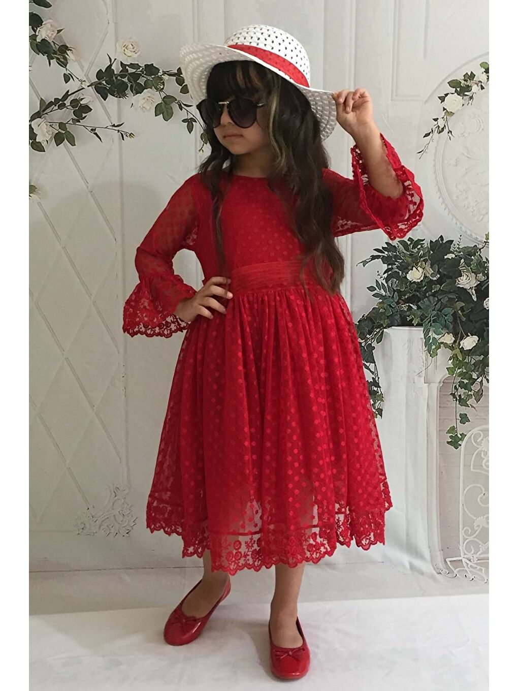 Kırmızı Krem Şapkalı Dantelli Kız Çocuk Elbise-9