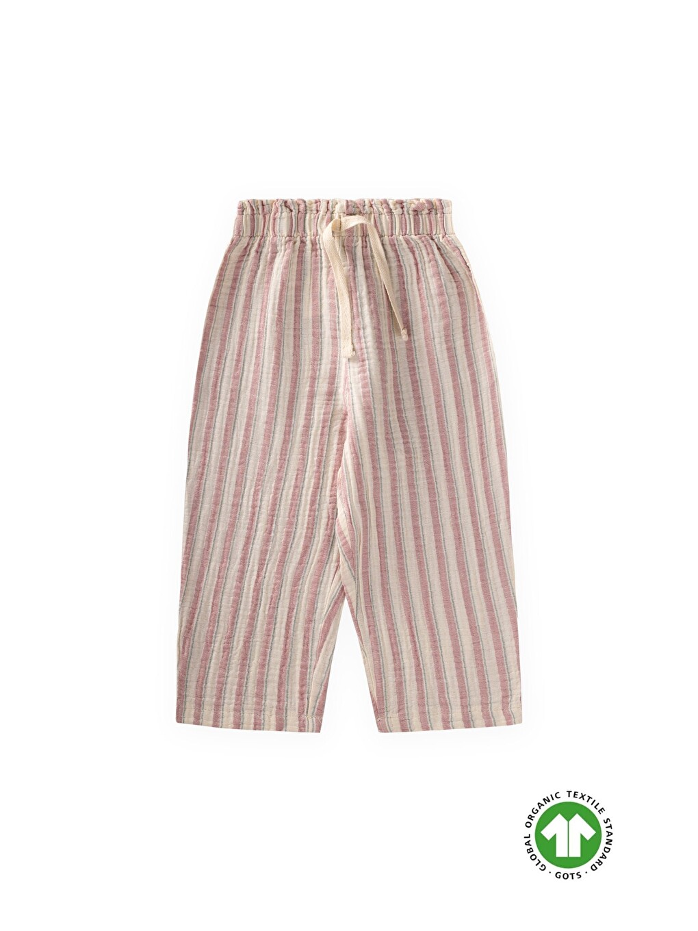 Pembe Organic Beli Fırfırlı Geniş Kesim Müslin Pantolon 1-10 Yaş Gül Kurusu Çizgili-1