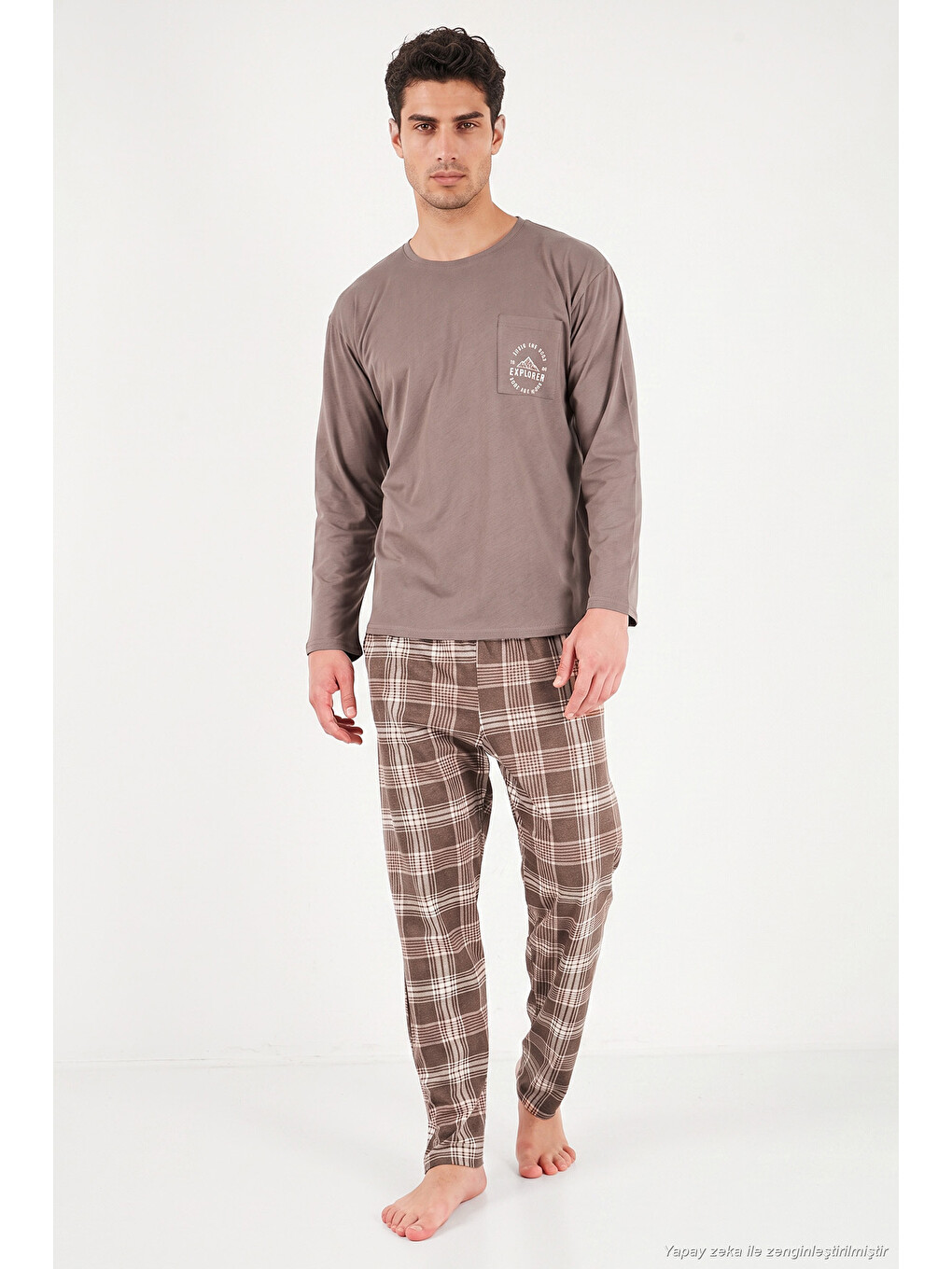 Kahverengi Ekoseli Pamuklu Bisiklet Yaka Pijama Takımı 6575007-3