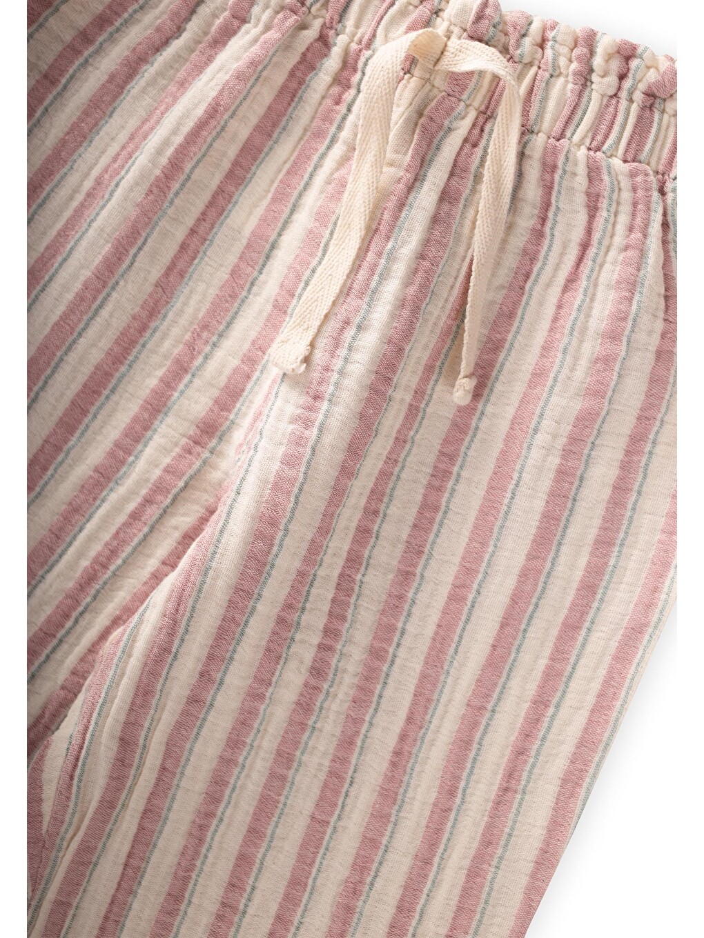 Pembe Organic Beli Fırfırlı Geniş Kesim Müslin Pantolon 1-10 Yaş Gül Kurusu Çizgili-3
