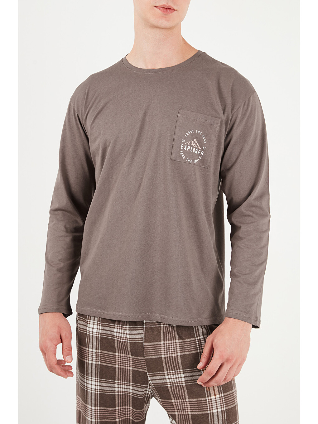 Kahverengi Ekoseli Pamuklu Bisiklet Yaka Pijama Takımı 6575007-4