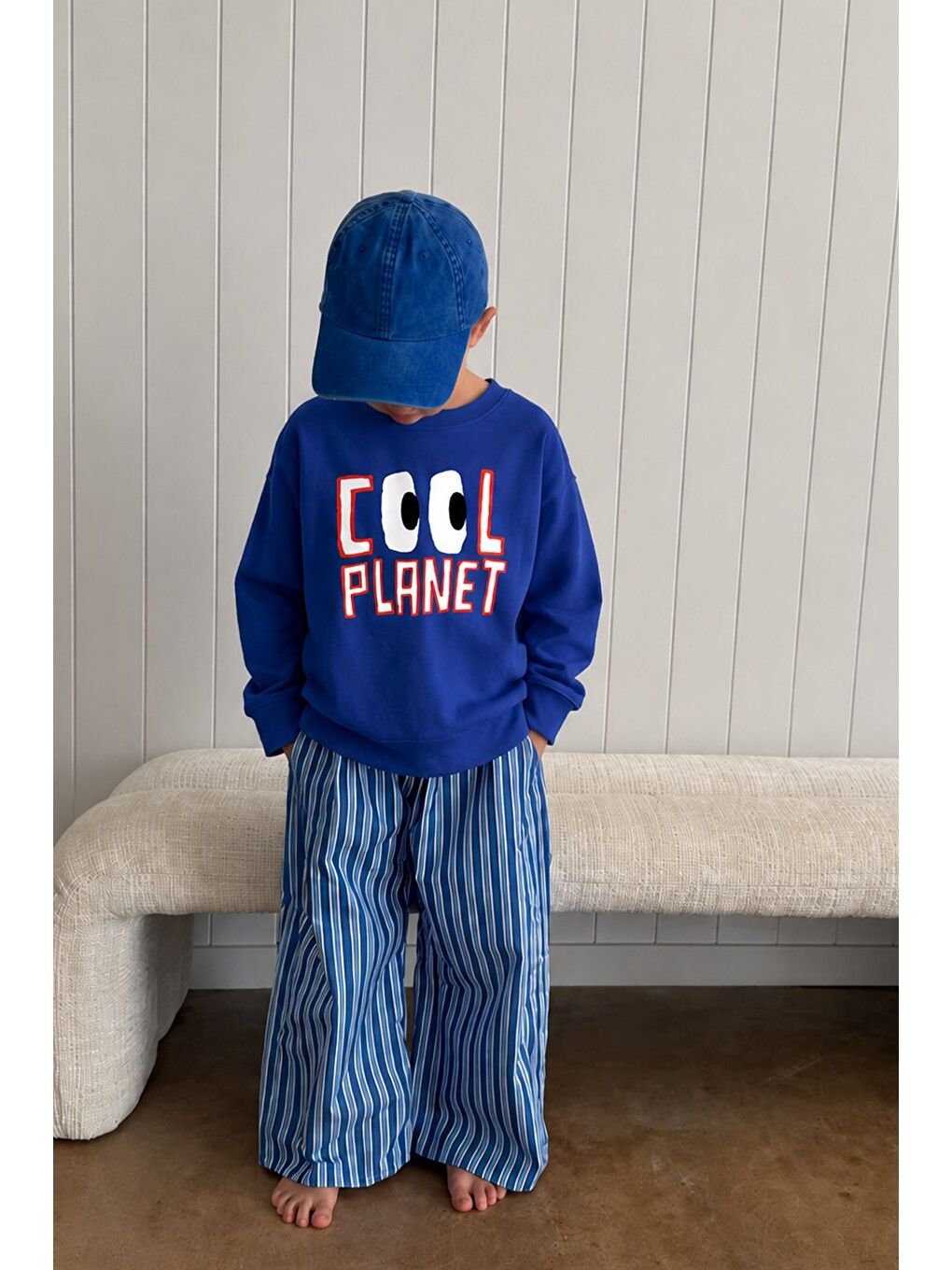 Lacivert Unisex Çocuk 3 İplik Kumaş Baskılı Pamuklu Sweatshirt-1