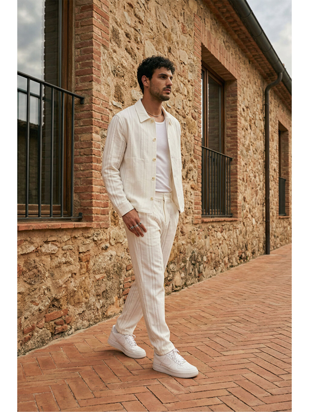 Beyaz Talbot Premium Keten Desenli Düğmeli Ceket Pantolon Erkek Takım Relax Kalıp-1