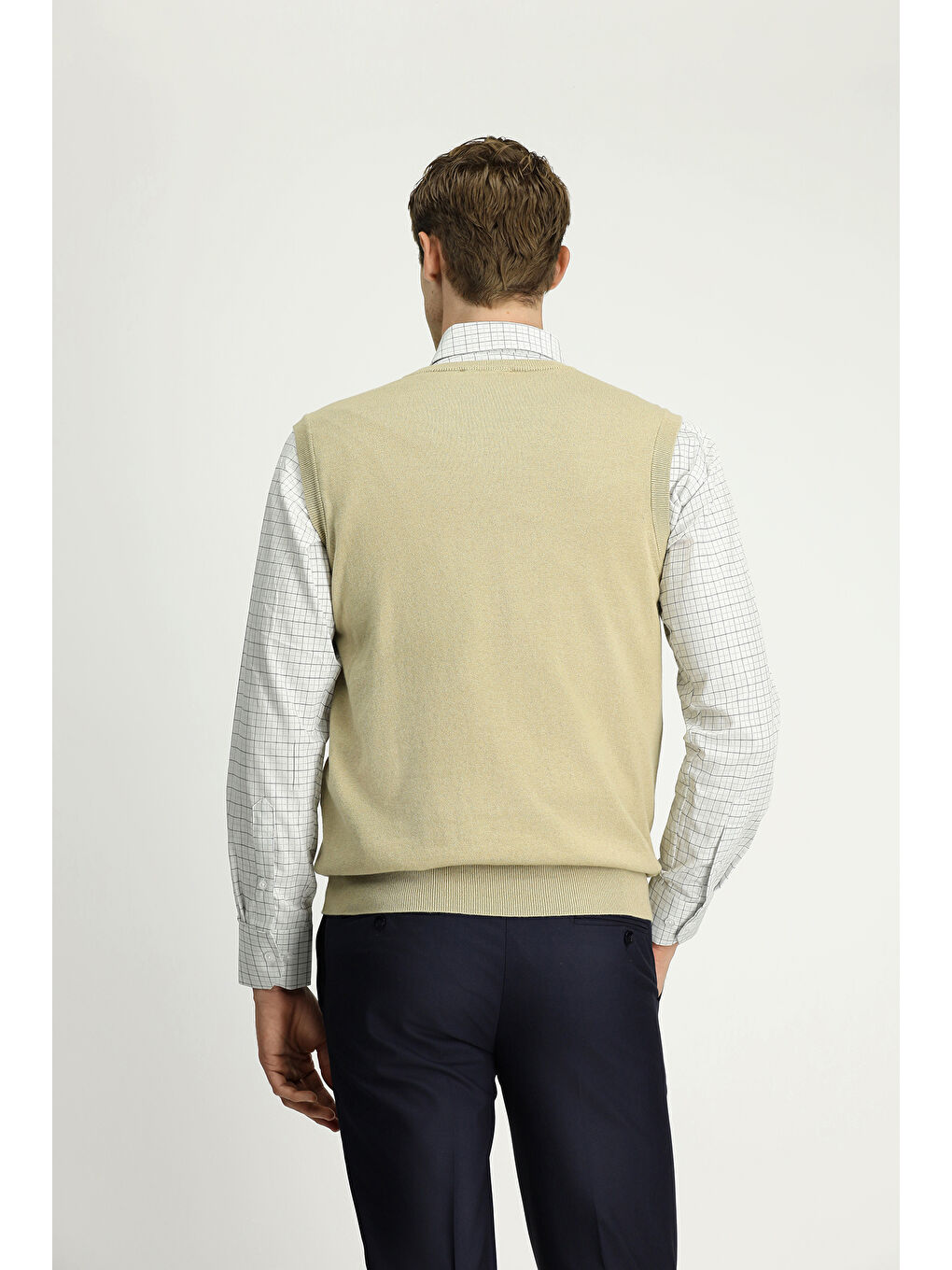 Bej V Yaka Pamuklu Kaşmir Triko Süveter-4