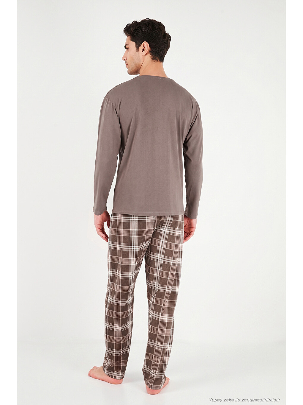 Kahverengi Ekoseli Pamuklu Bisiklet Yaka Pijama Takımı 6575007-6
