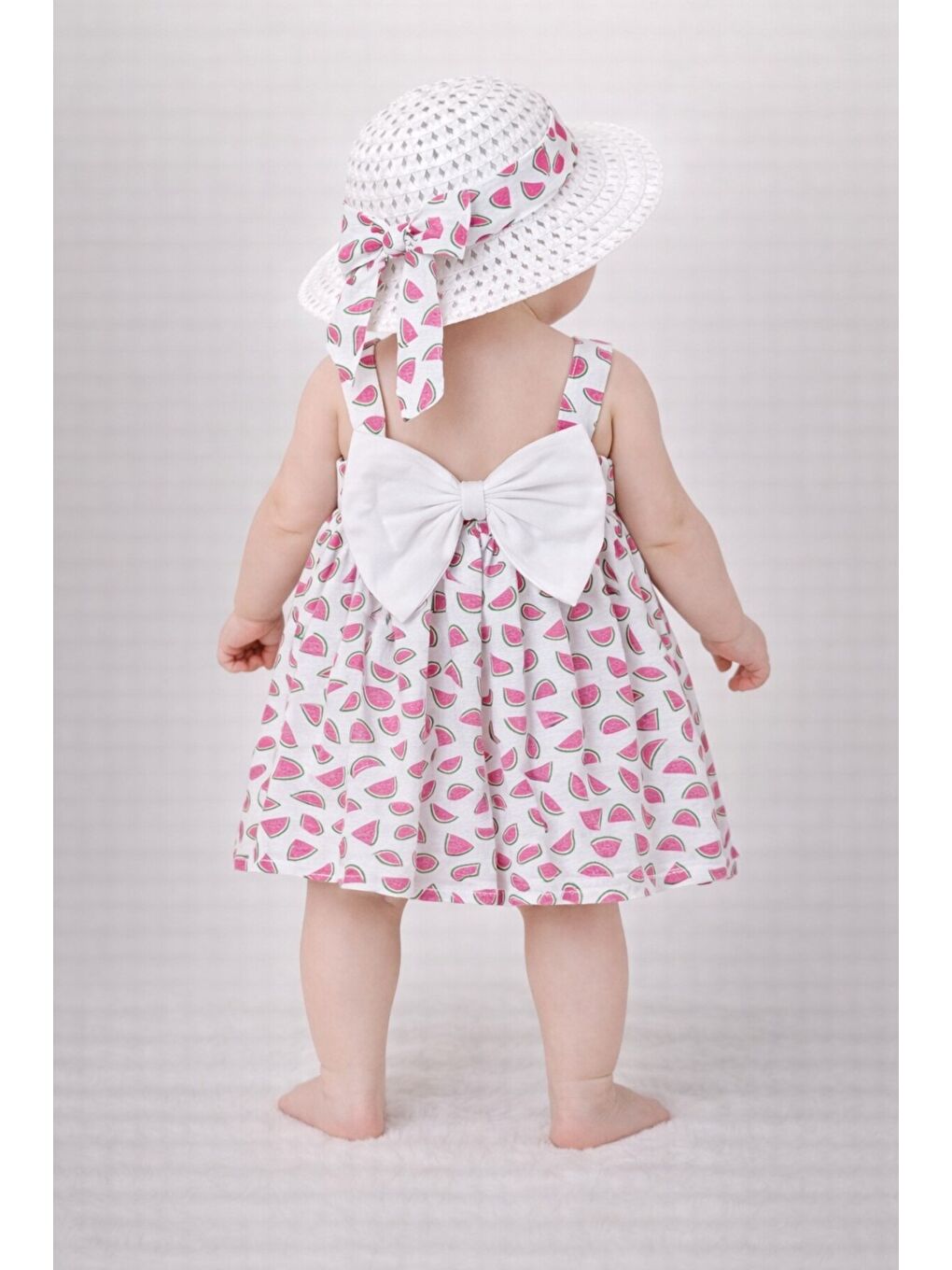 Kırmızı Tatlı Karpuz Desenli Şapkalı Fiyonklu Kız Bebek Elbisesi-1