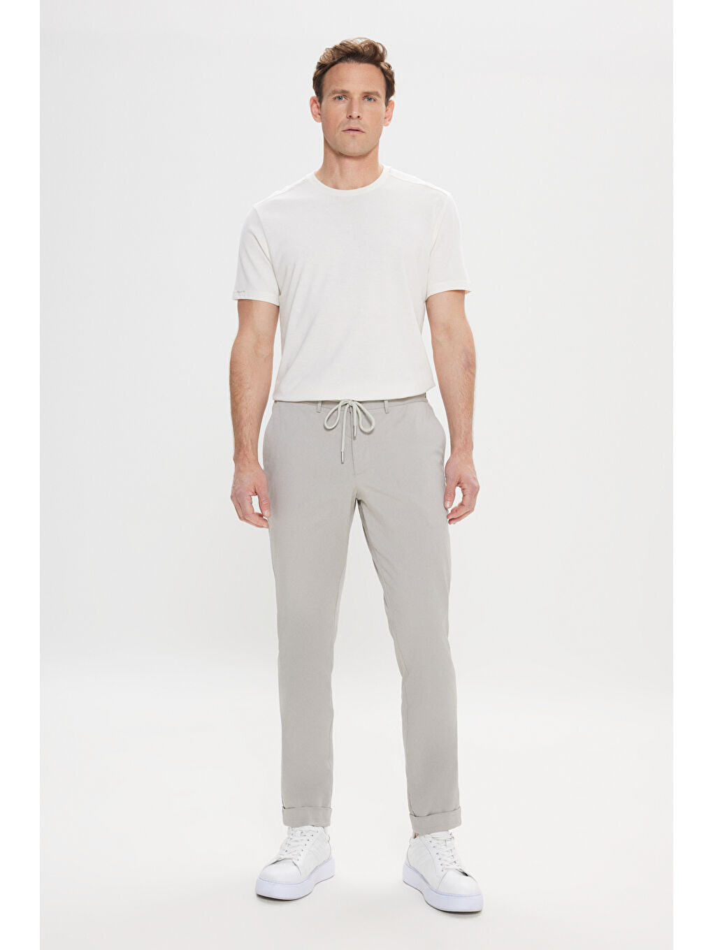 Erkek Açık Gri Slim Fit Dar Kesim Yan Cepli Desenli Beli Lastikli Pantolon-1