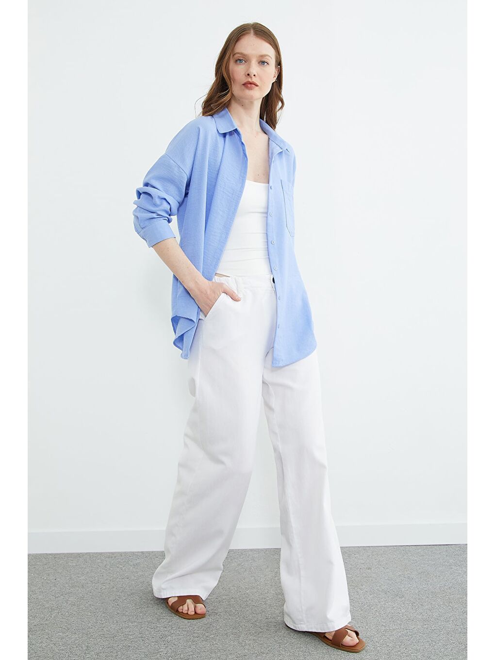 Mavi Basic Tek Cepli Oversize Gömlek-2