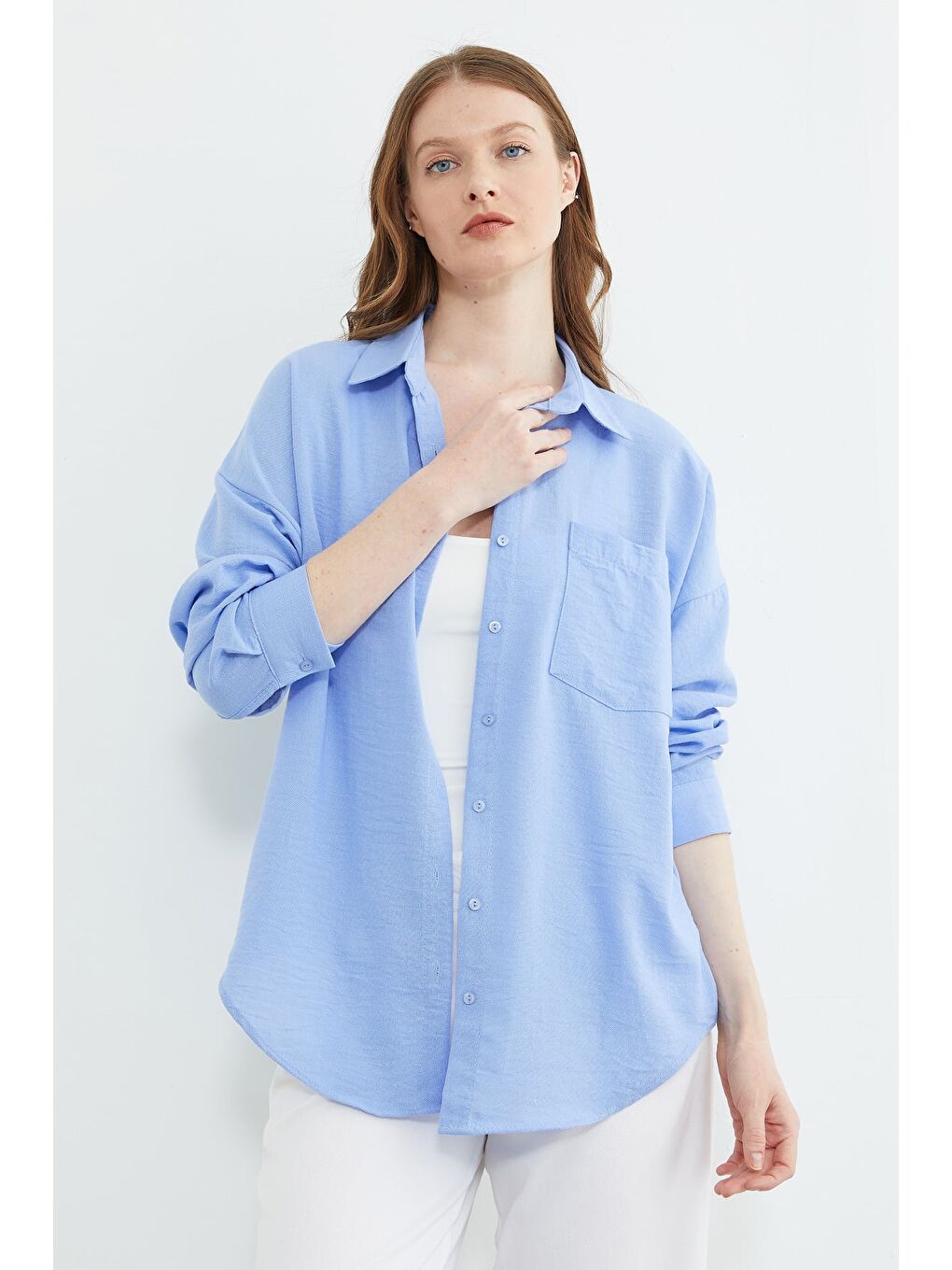 Mavi Basic Tek Cepli Oversize Gömlek-4