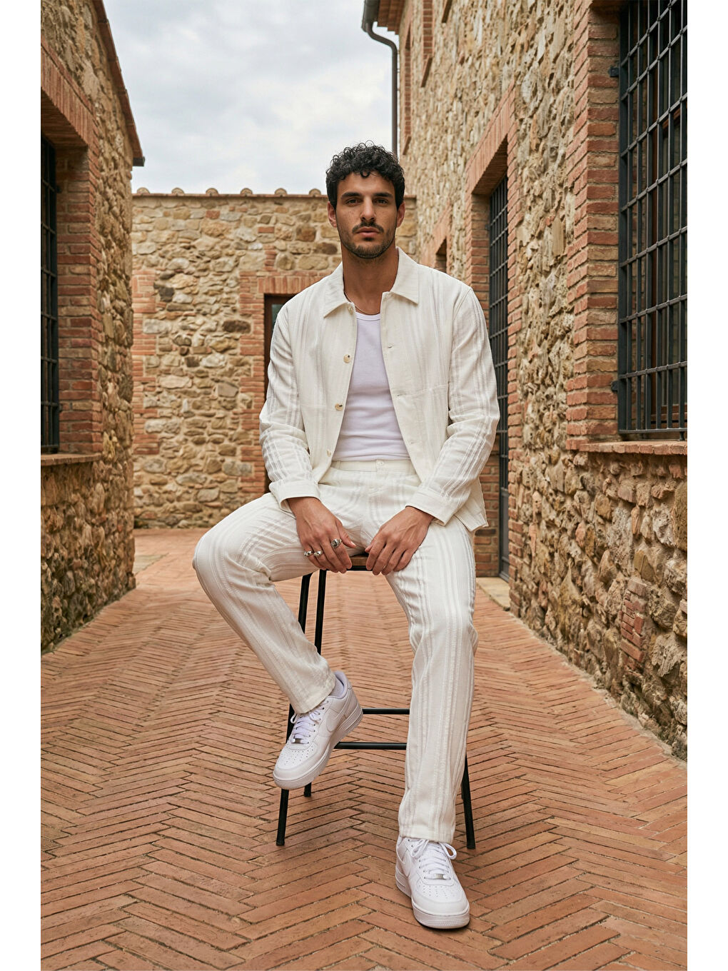 Beyaz Talbot Premium Keten Desenli Düğmeli Ceket Pantolon Erkek Takım Relax Kalıp-2