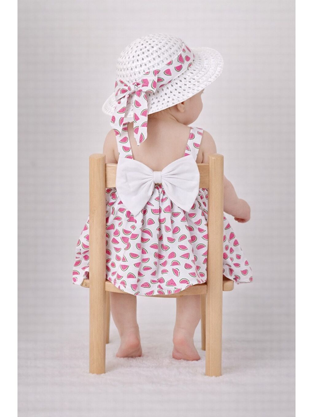 Kırmızı Tatlı Karpuz Desenli Şapkalı Fiyonklu Kız Bebek Elbisesi-2