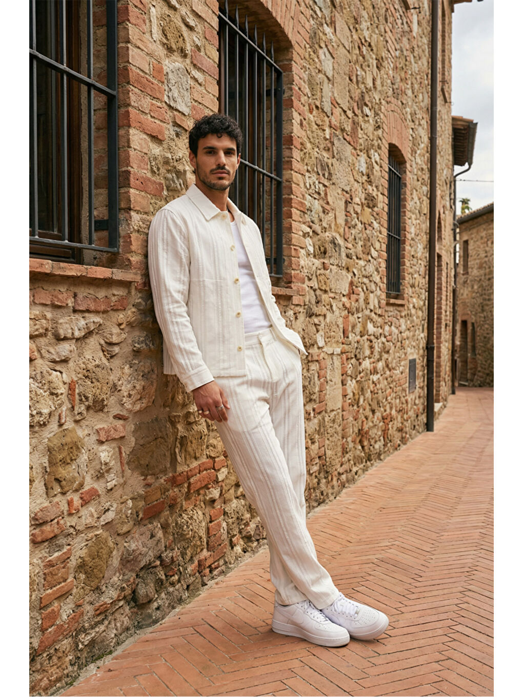 Beyaz Talbot Premium Keten Desenli Düğmeli Ceket Pantolon Erkek Takım Relax Kalıp-3