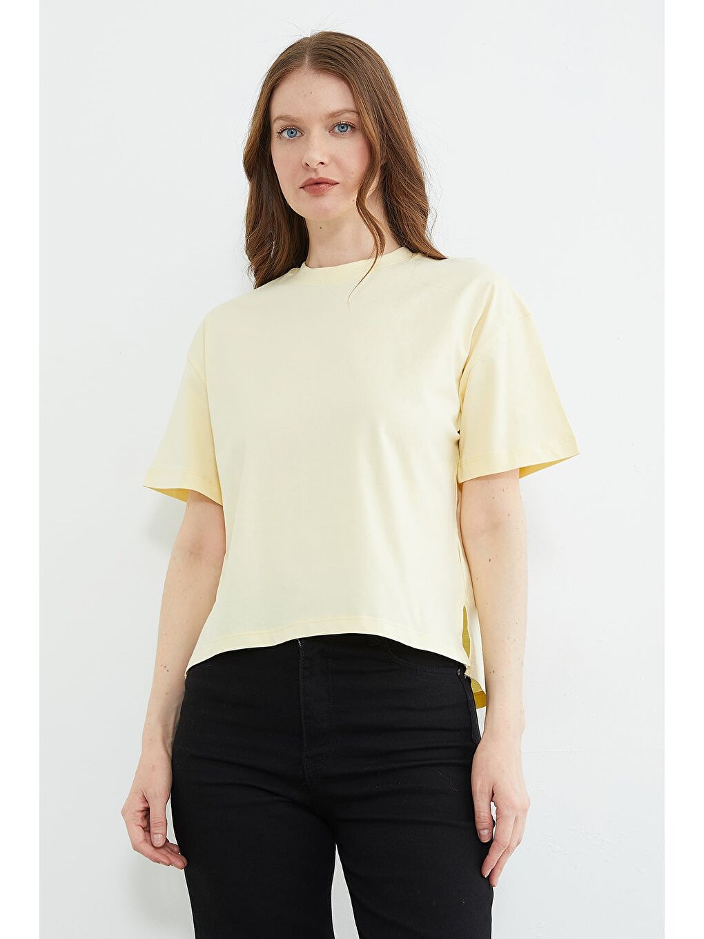 Sarı Basic Bisiklet Yaka Crop Tişört