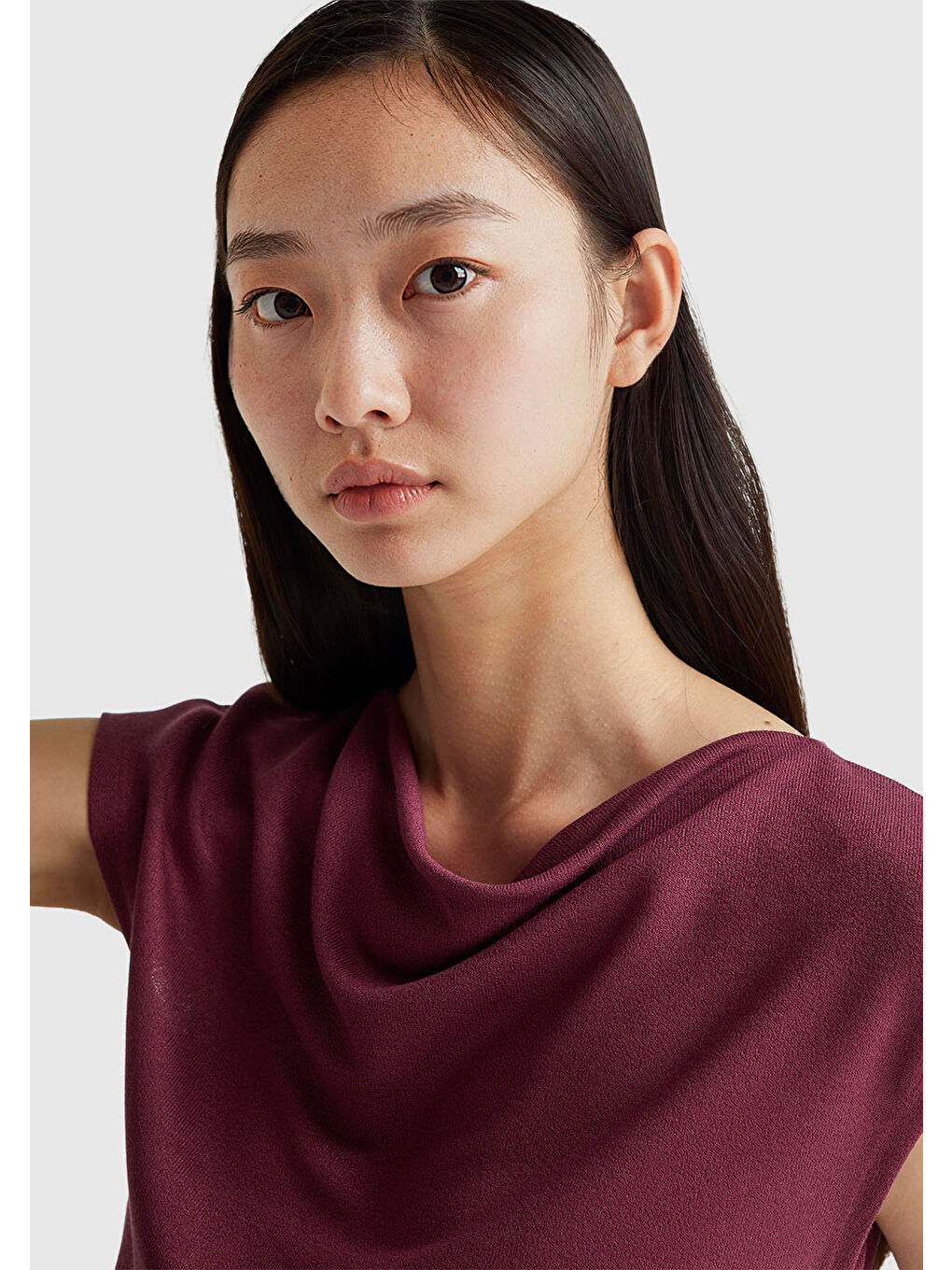 Kadın Mürdüm Viskoz Karışımlı Kayık Yaka Kolsuz Üst-5