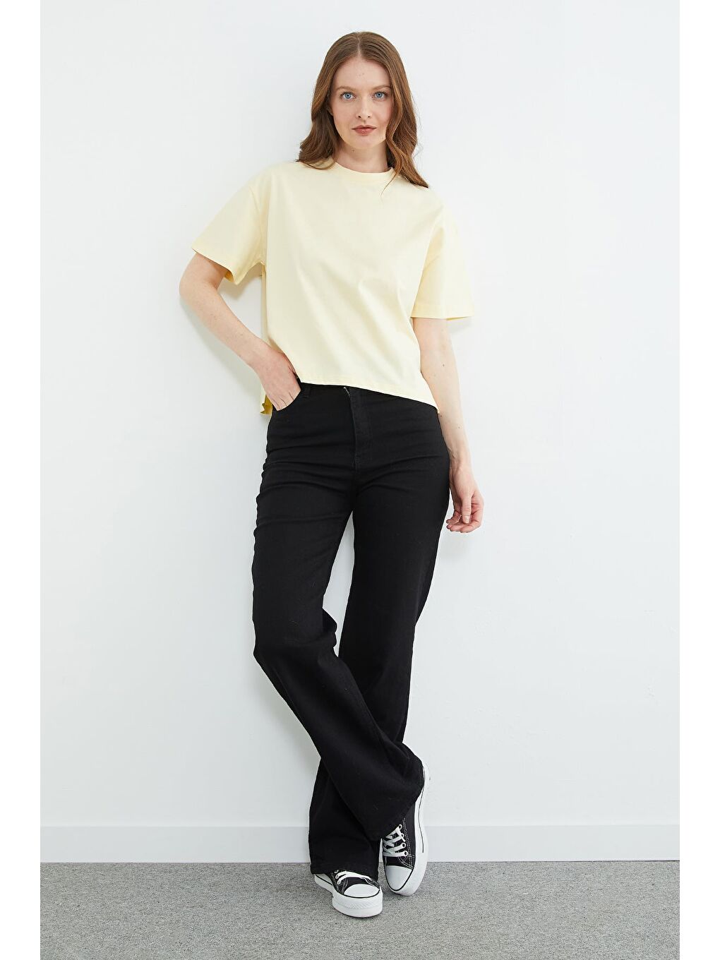 Sarı Basic Bisiklet Yaka Crop Tişört-1