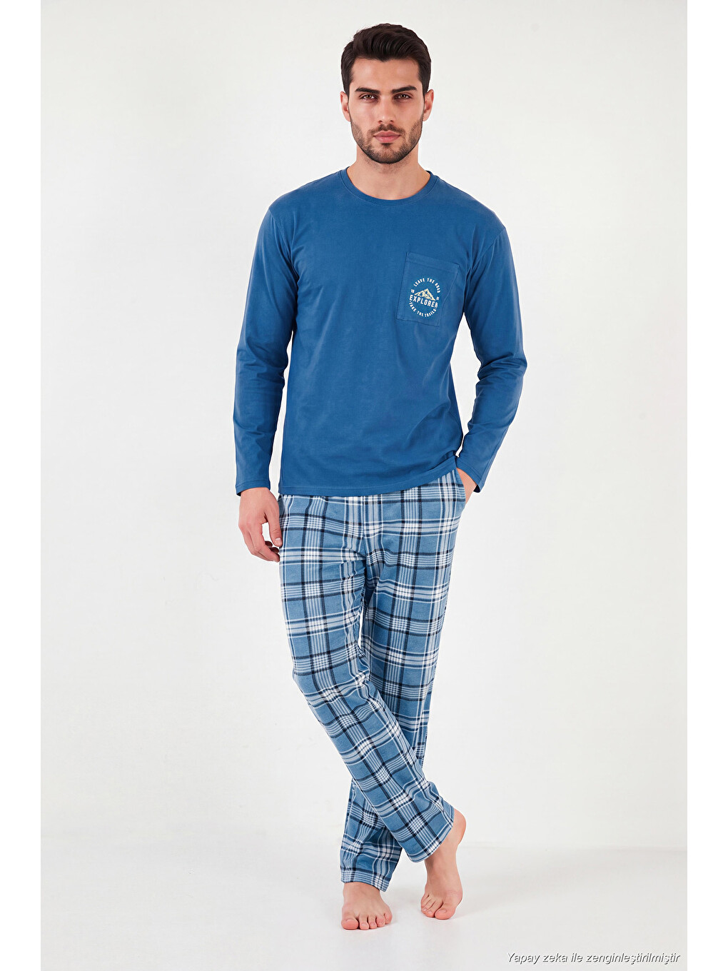 Mavi Ekoseli Pamuklu Bisiklet Yaka Pijama Takımı 6575007-1