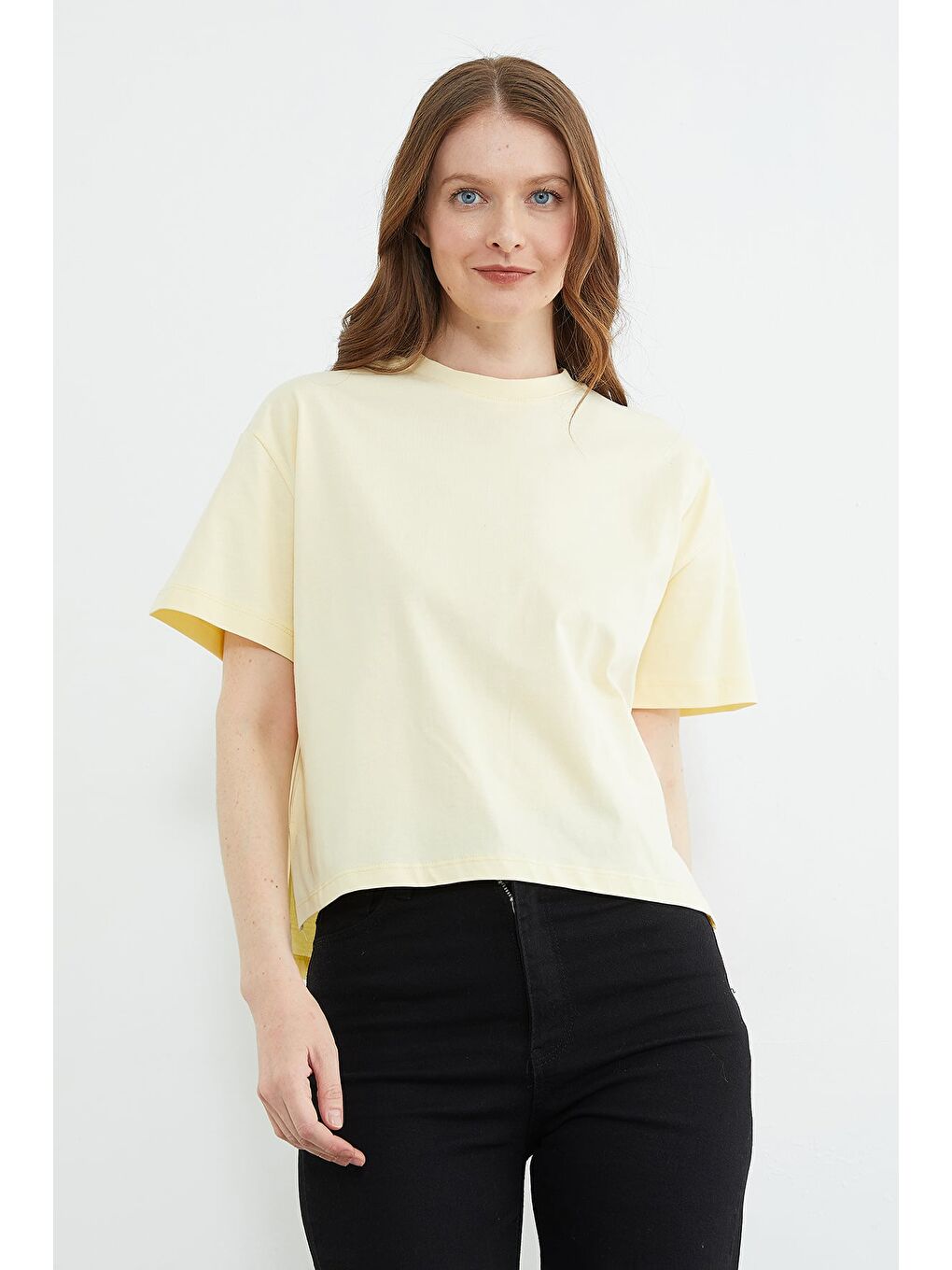 Sarı Basic Bisiklet Yaka Crop Tişört-2