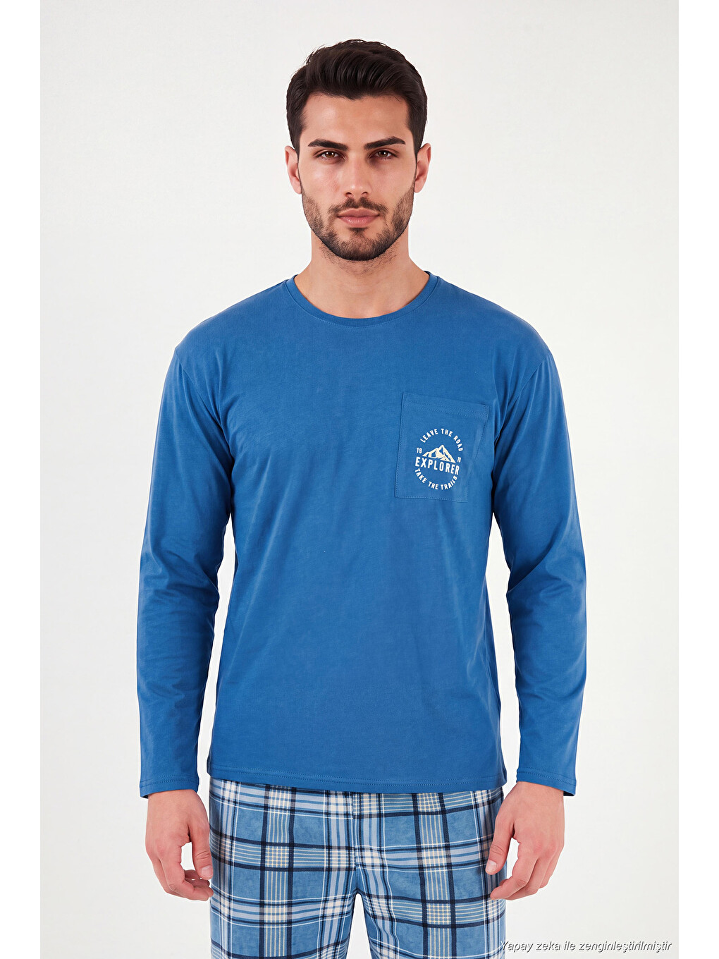 Mavi Ekoseli Pamuklu Bisiklet Yaka Pijama Takımı 6575007-2