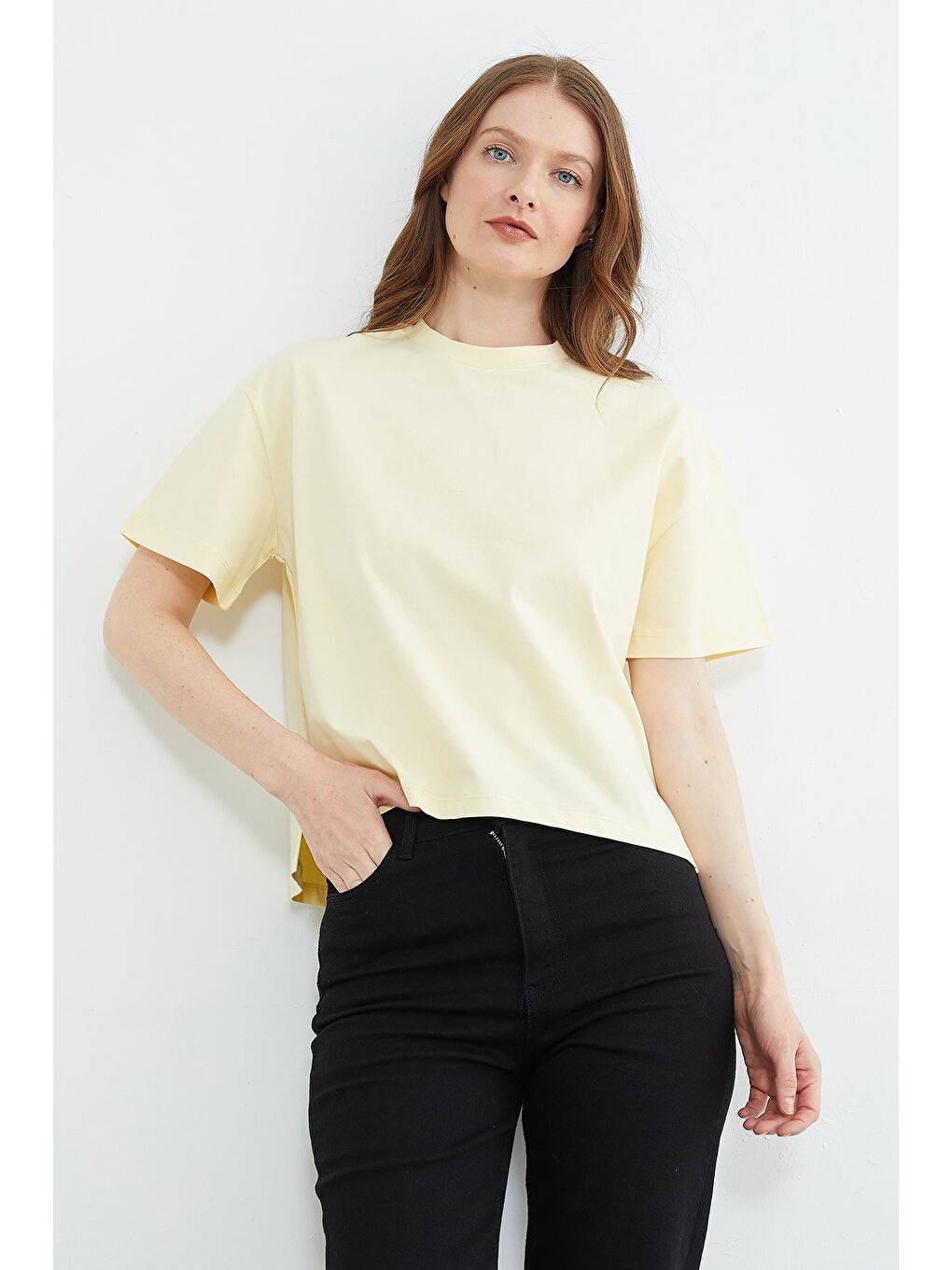 Sarı Basic Bisiklet Yaka Crop Tişört-3