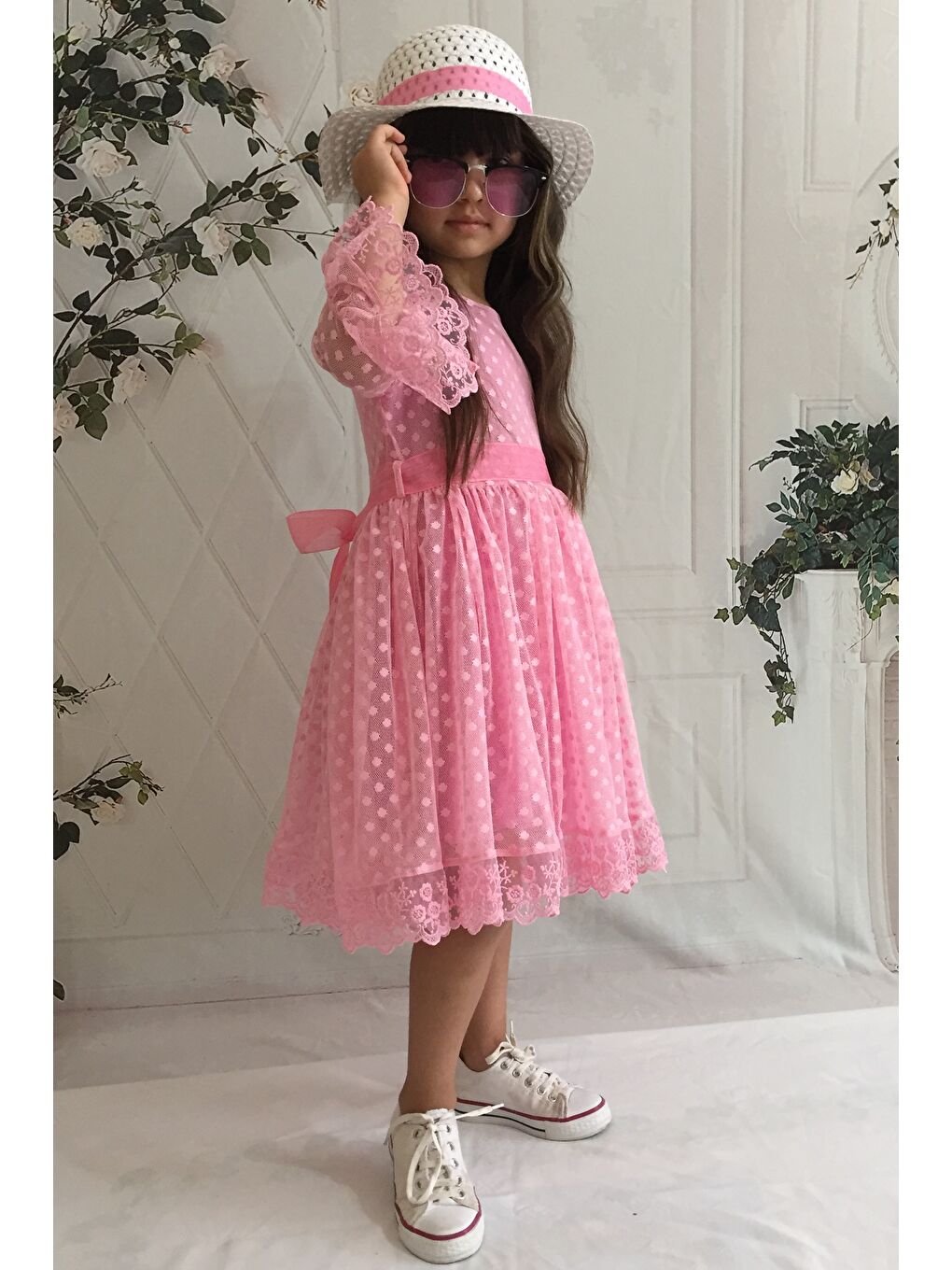 Pembe Krem Şapkalı Dantelli Kız Çocuk Elbise-6