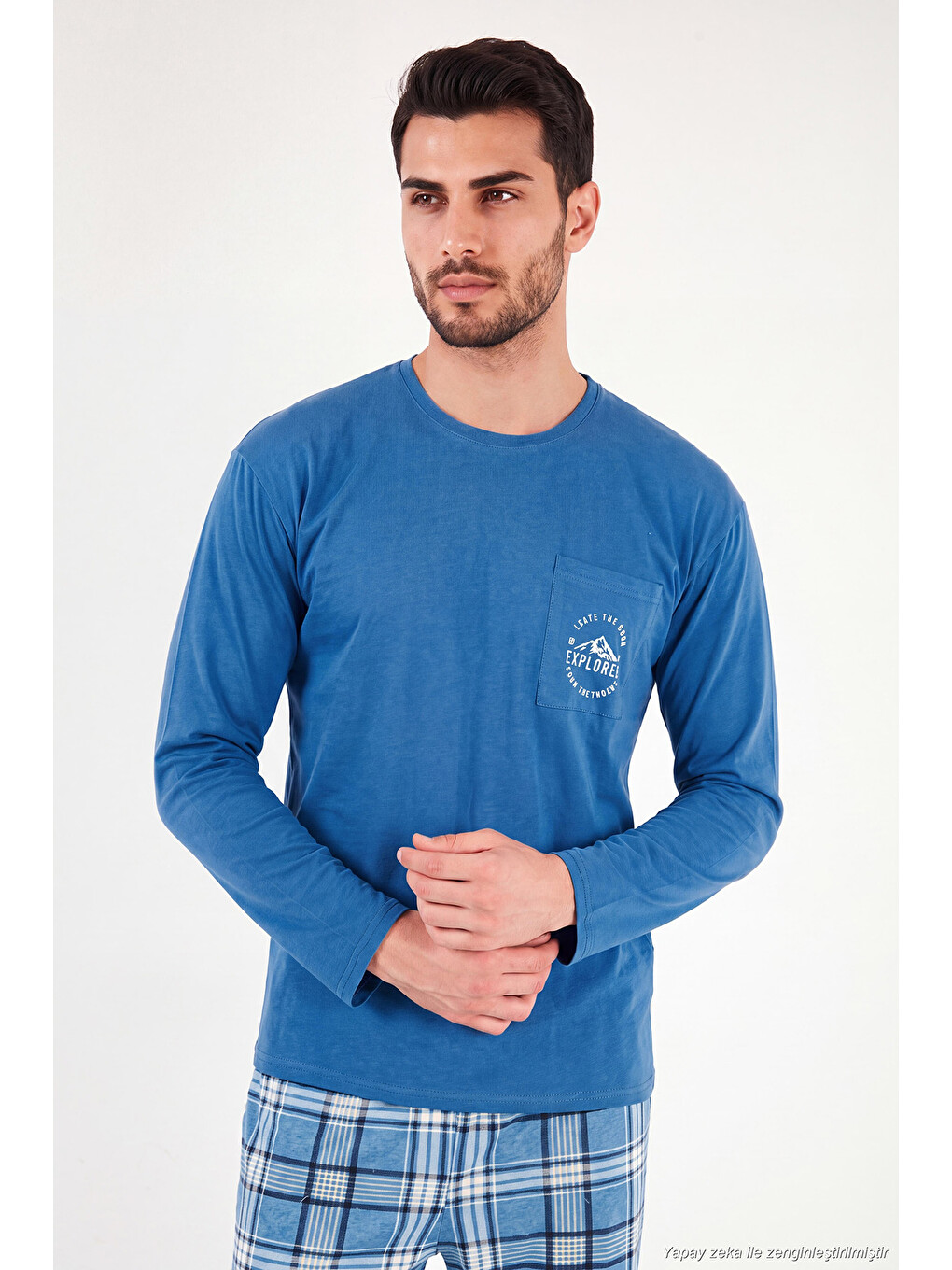 Mavi Ekoseli Pamuklu Bisiklet Yaka Pijama Takımı 6575007-3