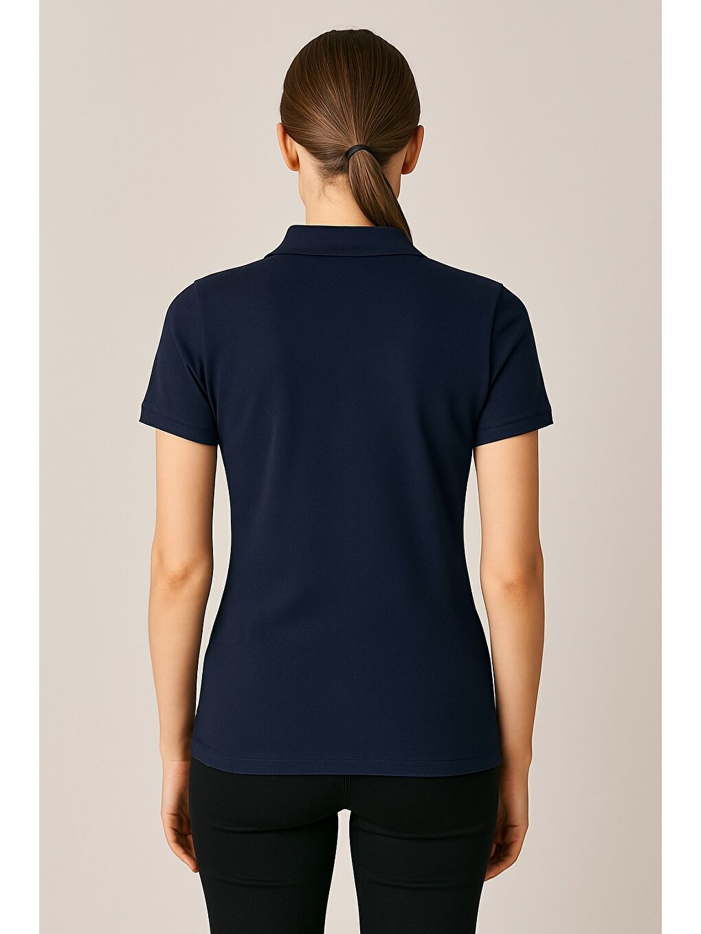Lacivert Kadın Kısa Kollu Slim Fit Basic Polo Yaka Tişört-2