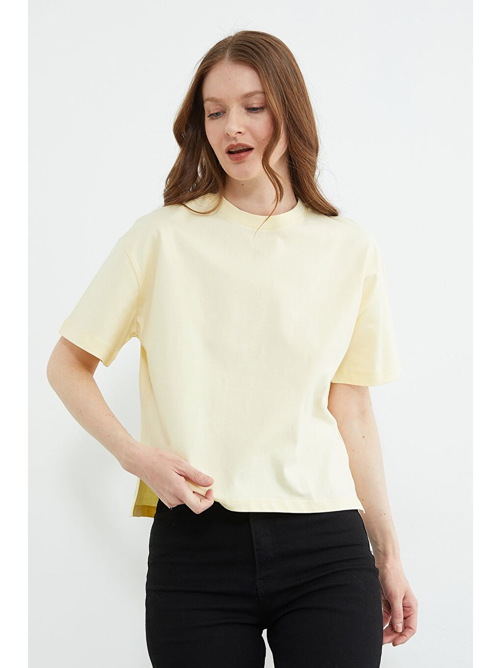 Sarı Basic Bisiklet Yaka Crop Tişört-4