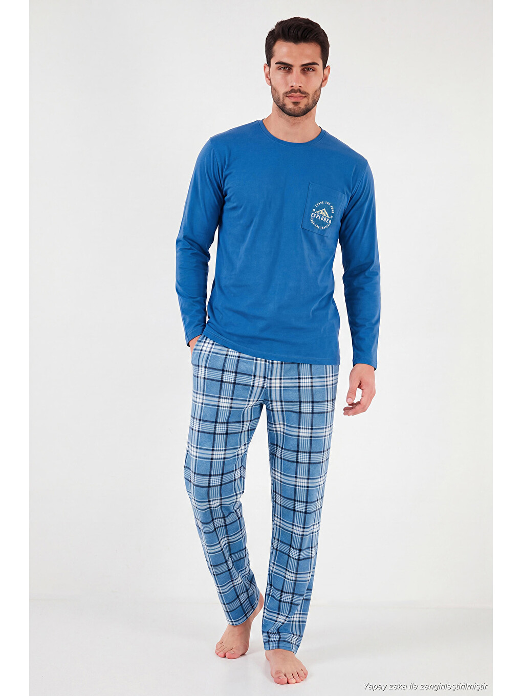 Mavi Ekoseli Pamuklu Bisiklet Yaka Pijama Takımı 6575007-4