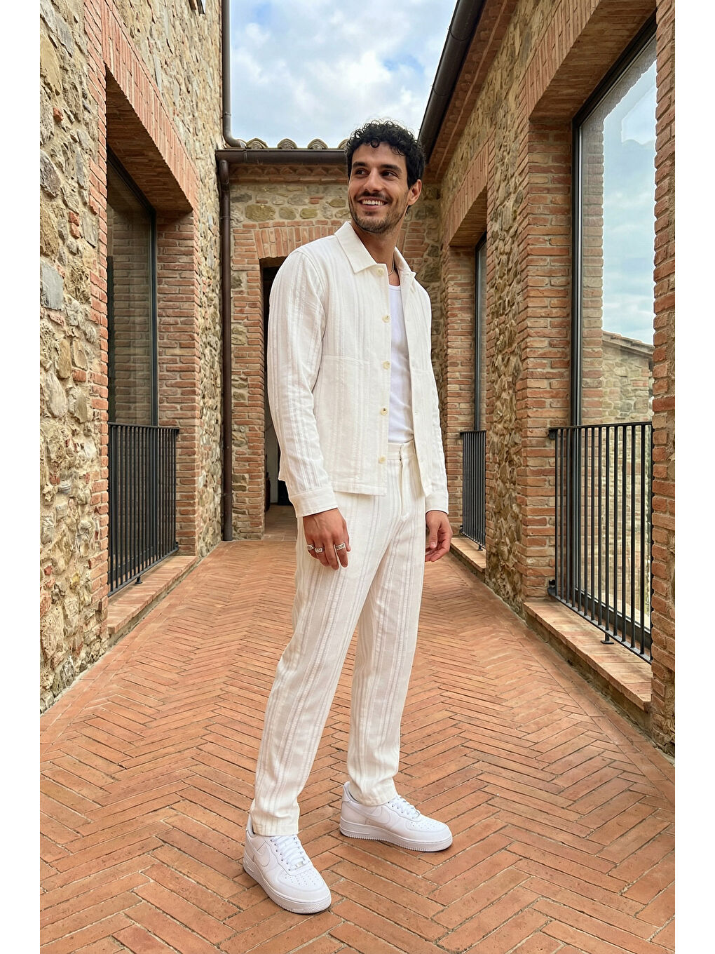 Beyaz Talbot Premium Keten Desenli Düğmeli Ceket Pantolon Erkek Takım Relax Kalıp-4