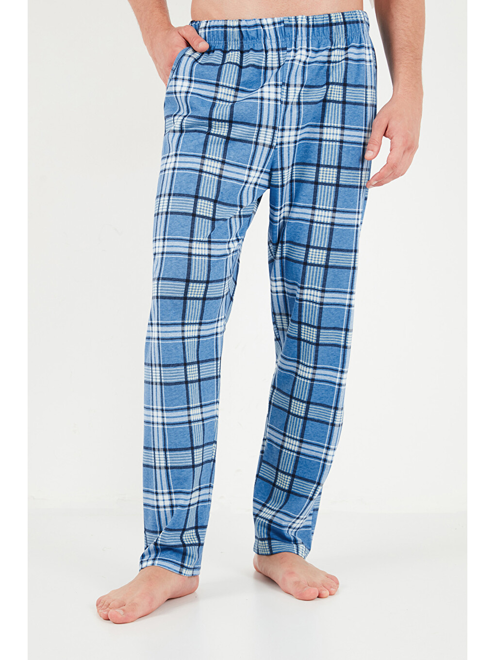 Mavi Ekoseli Pamuklu Bisiklet Yaka Pijama Takımı 6575007-5