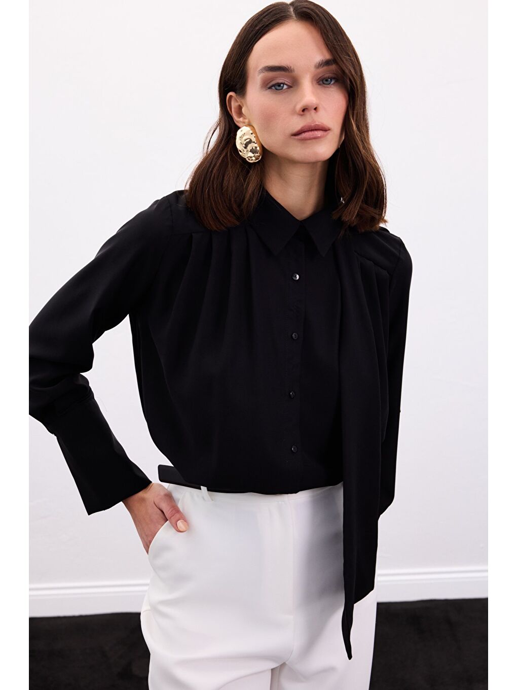 Fularlı Gömlek - Siyah-2