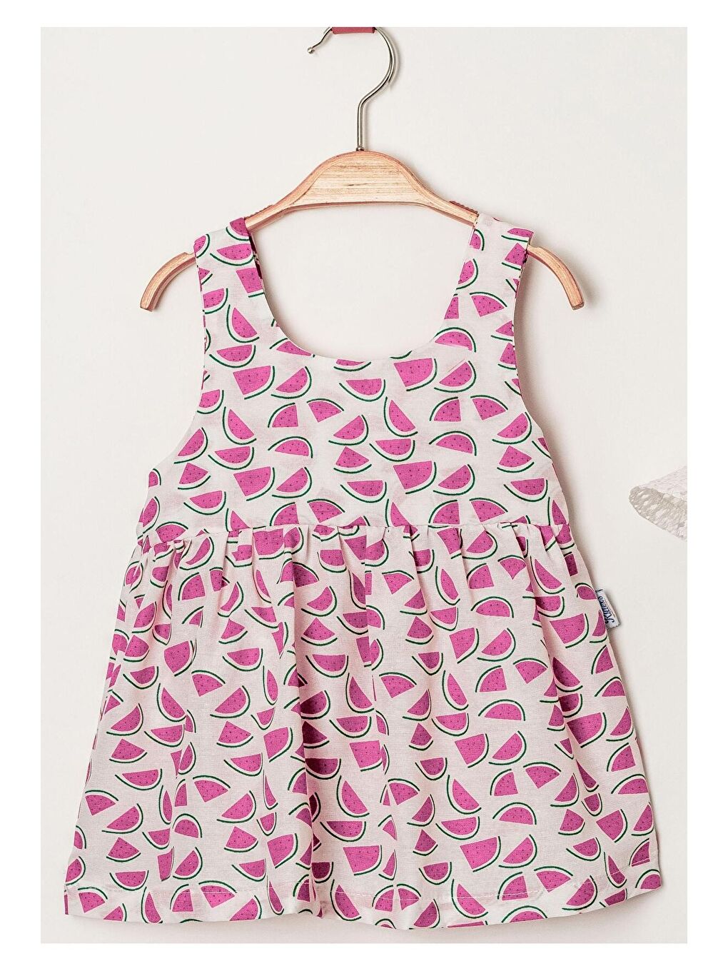 Kırmızı Tatlı Karpuz Desenli Şapkalı Fiyonklu Kız Bebek Elbisesi-5