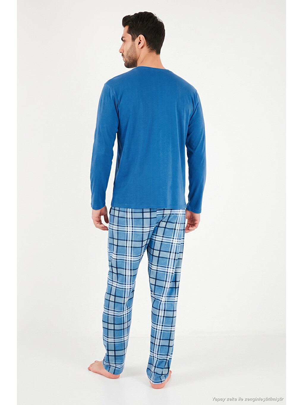 Mavi Ekoseli Pamuklu Bisiklet Yaka Pijama Takımı 6575007-6