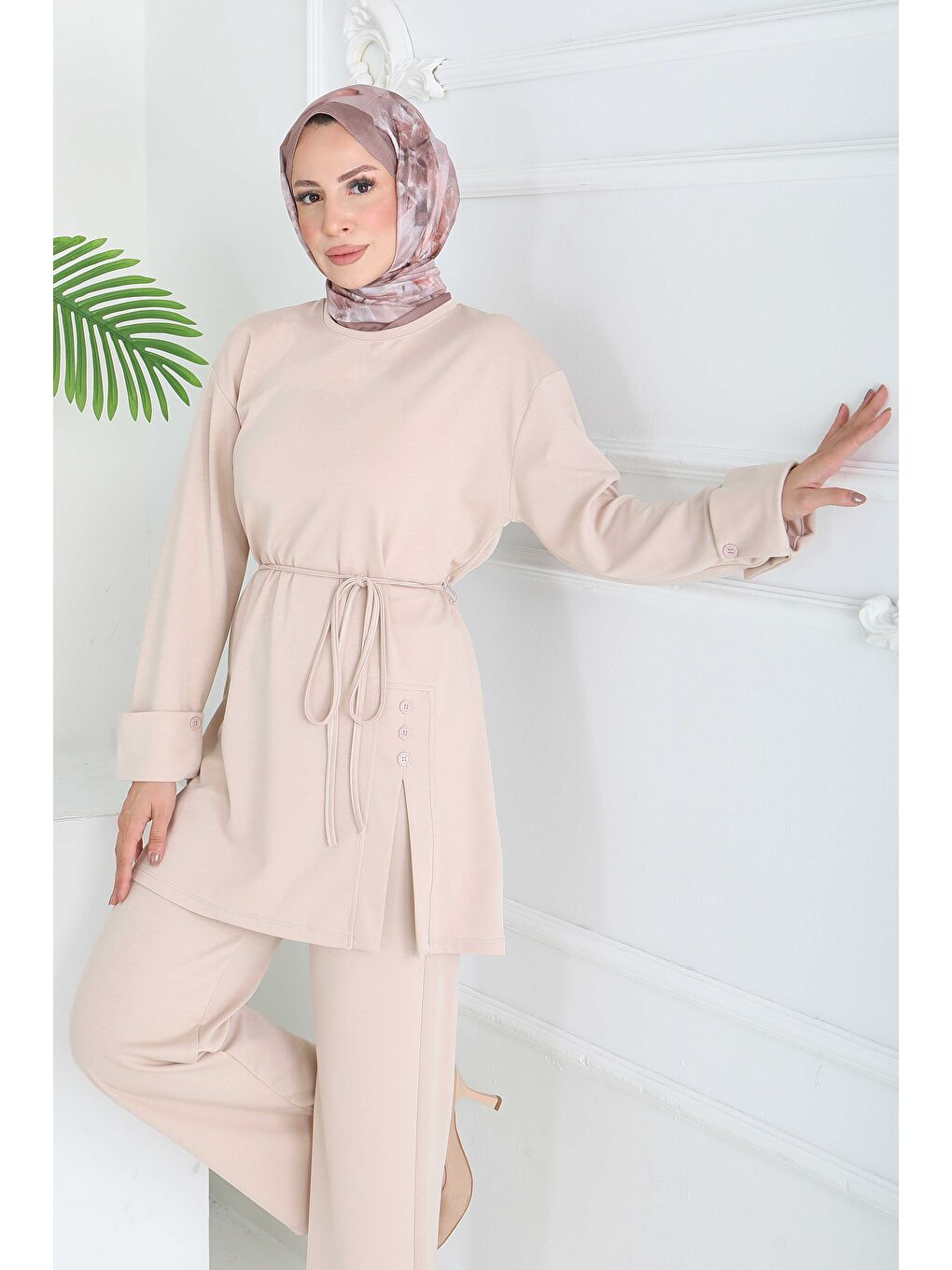 Ekru Düğme Detaylı Modal İkili Takım Krem - 28013-KREM-1