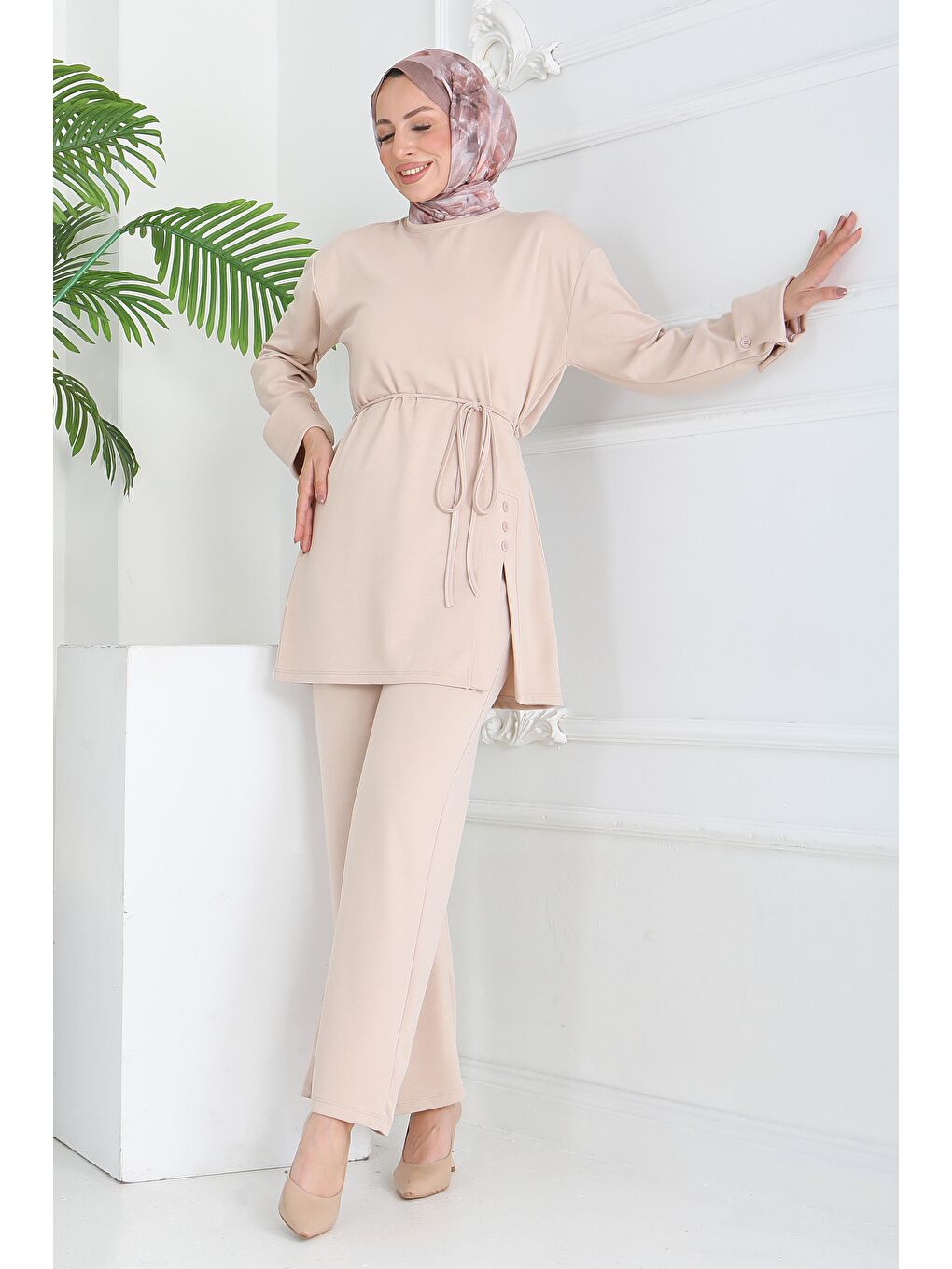 Ekru Düğme Detaylı Modal İkili Takım Krem - 28013-KREM-2