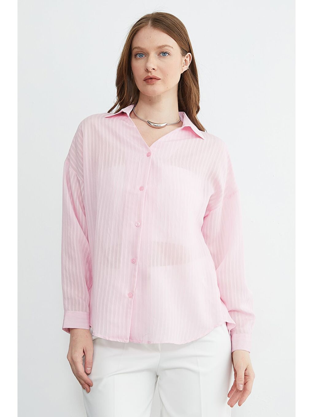 Pembe Çizgili Jakarlı Salaş Gömlek-1