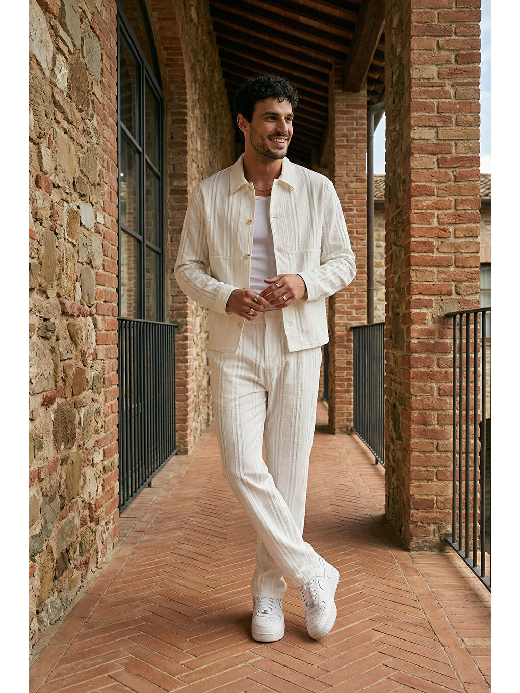 Beyaz Talbot Premium Keten Desenli Düğmeli Ceket Pantolon Erkek Takım Relax Kalıp-5