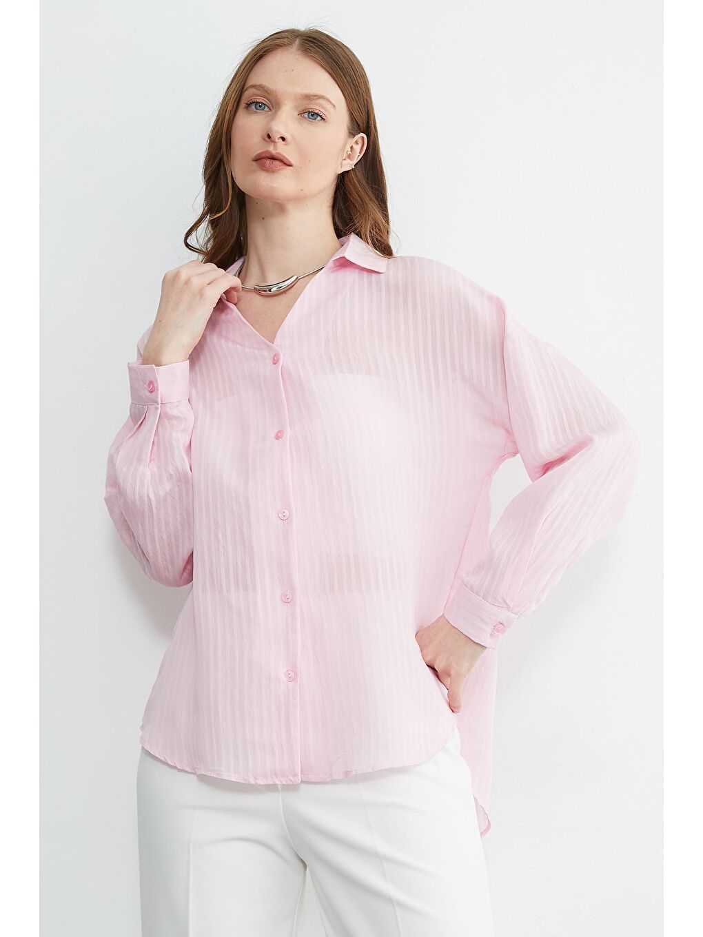 Pembe Çizgili Jakarlı Salaş Gömlek-2