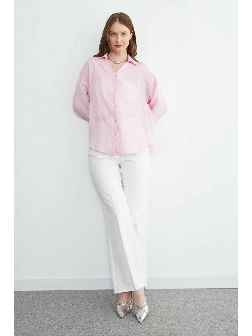 Pembe Çizgili Jakarlı Salaş Gömlek-3