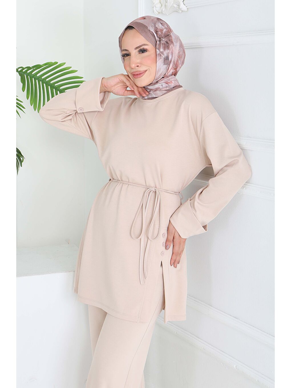 Ekru Düğme Detaylı Modal İkili Takım Krem - 28013-KREM-3