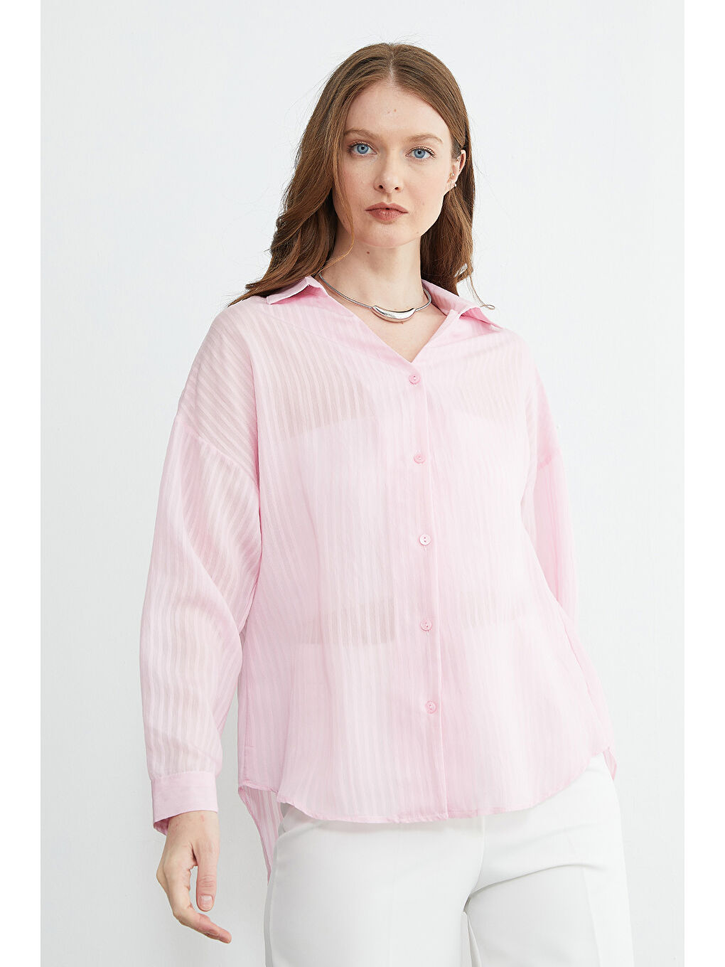 Pembe Çizgili Jakarlı Salaş Gömlek-4