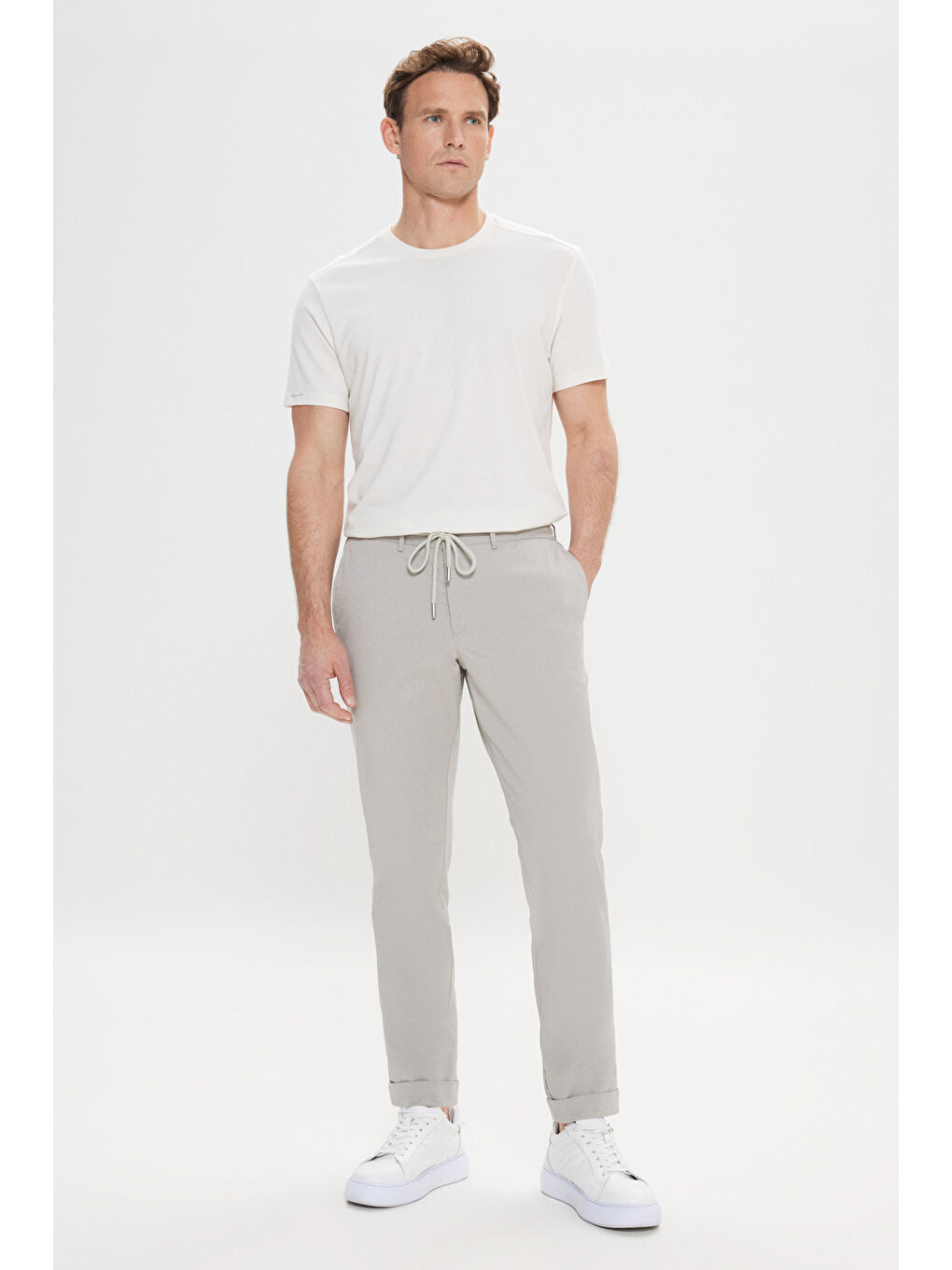 Erkek Açık Gri Slim Fit Dar Kesim Yan Cepli Desenli Beli Lastikli Pantolon-8