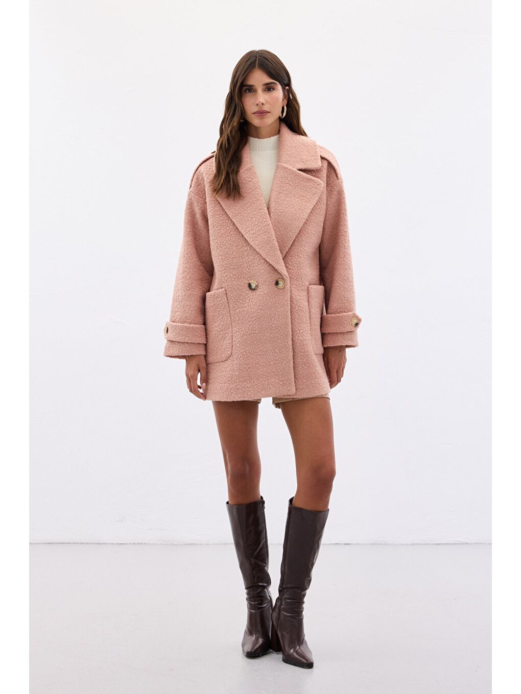 Pembe Buklet Kısa Kaban - Pudra-1