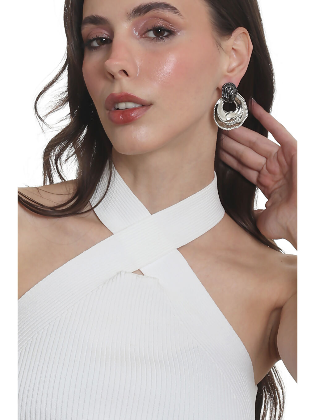 Gri Kadın Çift Renk Yaprak Dokulu Çivili Model Çanta Formlu Küpe-4