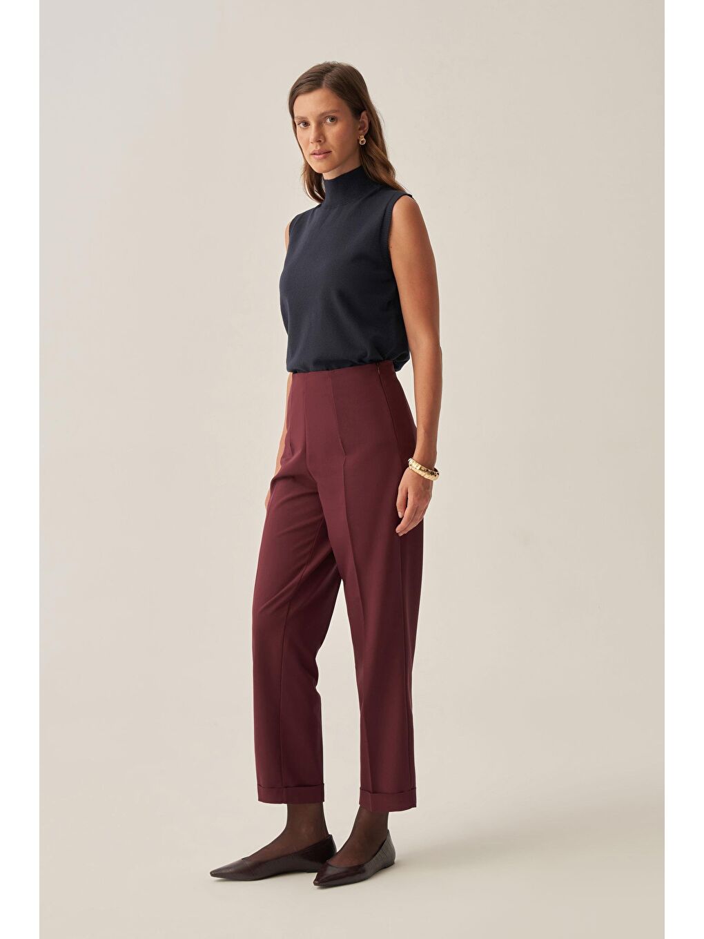 Bordo-Bilek Boy Double Paça İnterlok Pantolon-1