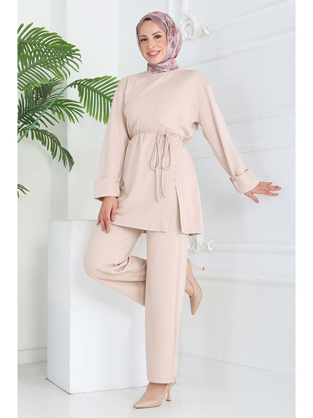 Ekru Düğme Detaylı Modal İkili Takım Krem - 28013-KREM-4