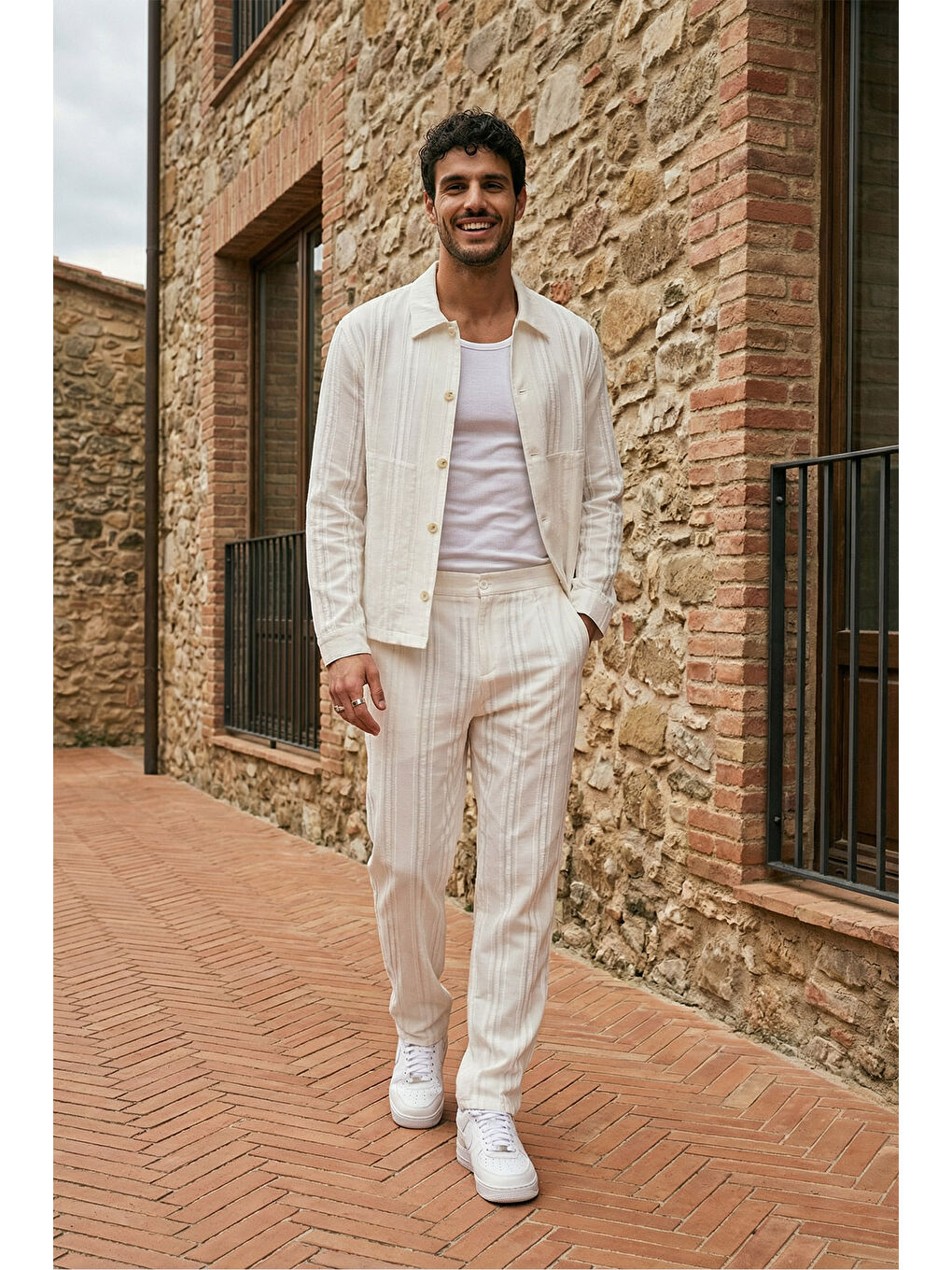 Beyaz Talbot Premium Keten Desenli Düğmeli Ceket Pantolon Erkek Takım Relax Kalıp-6