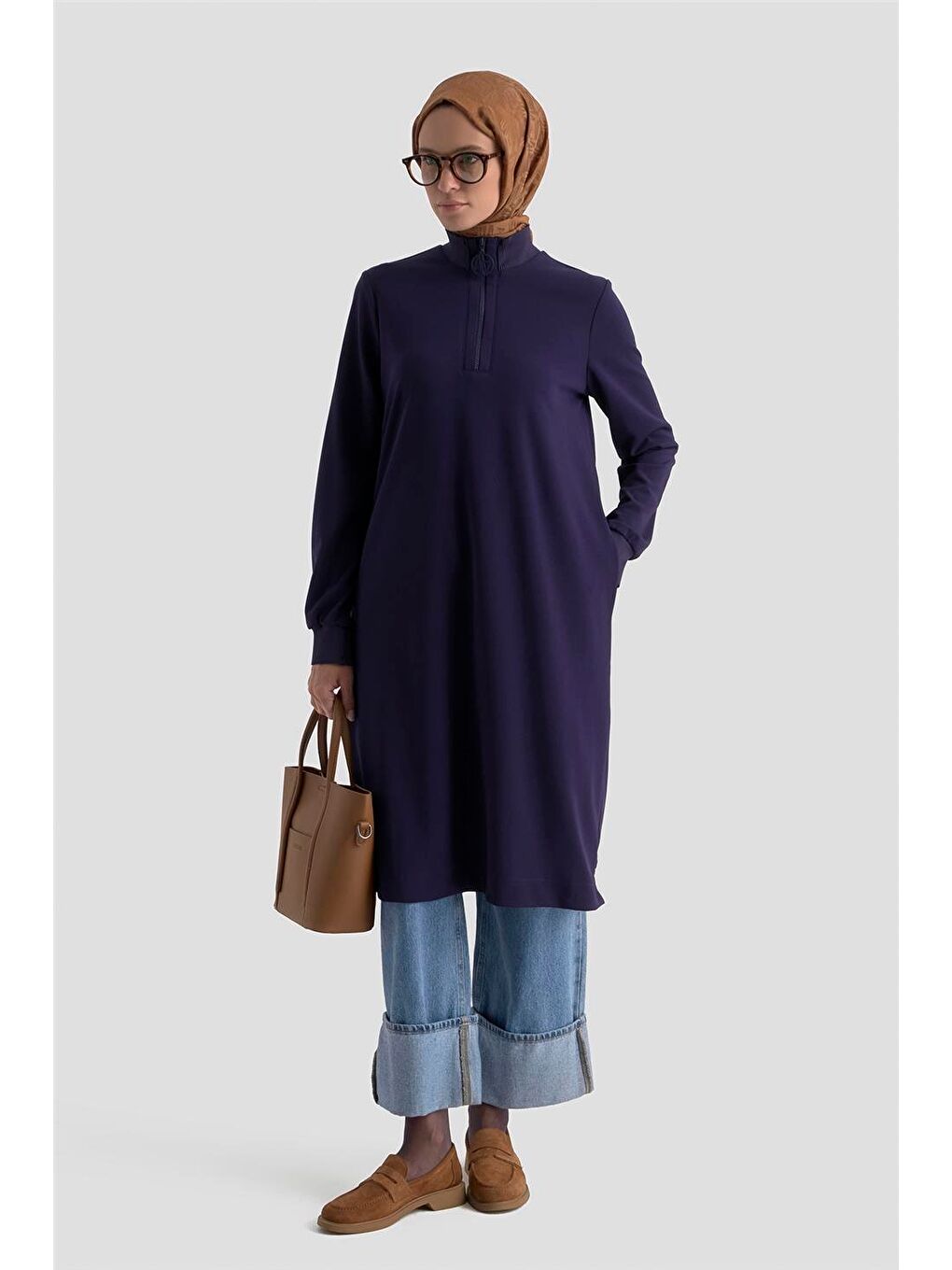Fermuar Detaylı Basic Tunik Lacivert